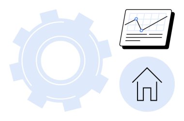 Otomasyonu sembolize eden vites, veri analizi için çizgi grafiği ve ev ya da gayrimenkulleri temsil eden ev. Mühendislik, analitik, emlak, süreç iyileştirme, teknoloji, üretkenlik için ideal