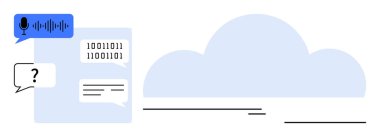 Ses dalgası ikonu, konuşma, ikili kod ve bulut içeren konuşma balonu. Bulut hesaplama, yapay zeka, veri işleme, iletişim işbirliği teknolojisi ve analiz için idealdir. Basit düz metafor