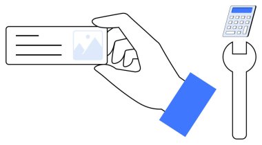 Kimlik doğrulama, iş akışı optimizasyonu, kimlik doğrulama, dijital araçlar, iş yönetimi, onarım. Kimlik kartı, hesap makinesi ve anahtar ikonu tutan bir el. Kimlik doğrulama ve iş akışı