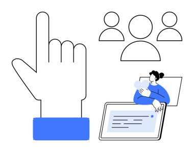 Digital interaction. Hand gesture navigating interface, user on a tablet, and group icons digital interaction. Digital interaction for communication, education, and remote collaboration. Usage user