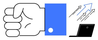 Business success, leadership, motivation, growth strategy, technology, performance improvement. A clenched fist, laptop and upward arrows power and progress. Business success and leadership concept