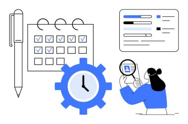 Üretkenlik kavramı. Üretim araçları takvimleri ve saatleri destekleyerek görevlerin düzenlenmesine yardımcı olur. Zaman yönetimi verimliliği ve kişisel ve iş verimliliği için veri görselleştirmesi. Kullanım fikirleri