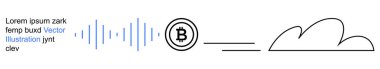 Kripto para birimi, engelleme teknolojisi, dijital işlemler, merkezi olmayan finans, bulut depolama, veri transferi. Ses dalgaları ve bulut grafikleriyle Bitcoin sembolü. Kripto para birimi ve engelleme zinciri