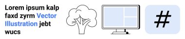 Tree with simple lines, text in various colors, outlined monitor layout, and metadata tag icon. Ideal for communication, design, nature, technology, social media education simple landing page