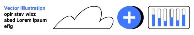 Cloud outline, blue add button, bar chart analytics in sleek interface. Ideal for data integration, cloud computing, analytics, tech startups, SaaS platforms, innovation simple landing page