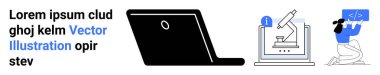 Dijital eğitim, bilimsel araştırma, programlama, teknoloji araçları, yazılım geliştirme, yenilik. Minimalist görseller arasında bir dizüstü bilgisayar, bir mikroskop ve bir kodlama simgesi vardır. Dijital eğitim