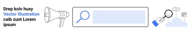 Digital marketing, online search, website optimization, digital communication, SEO concepts, data analysis. Search bar with magnifying glass and megaphone. Online search and digital marketing