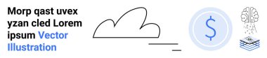 Cloud technology, digital economy, artificial intelligence, data analysis, online services, information systems. Minimalist cloud, dollar sign brain icon. Cloud technology and digital economy
