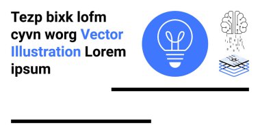 Yenilik, yapay zeka, yaratıcılık, beyin fırtınası, dijital dönüşüm, teknoloji trendleri. Mavi ampul, beyin grafiği ve katmanlı yığın. Yenilik ve yapay zeka