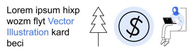 Finans, uzaktan çalışma, sürdürülebilirlik, ekonomik planlama, iletişim, çevresel farkındalık. Dolar işareti, dizüstü bilgisayarı olan ağaç adam. Finans ve uzak çalışma kavramları görsel olarak