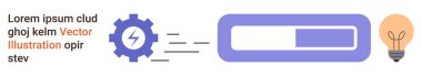 Yenilik, enerji, teknoloji, ilerleme, problem çözme, verimlilik. Hareket çizgileri olan bir vites, bir ilerleme çubuğu ve bir ampul. Yenilik ve enerji kavramı ilerleme ve sorun çözme