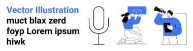Digital communication, media production, programming, teamwork, software development, remote collaboration. Microphone, coding and team member using a telescope. Digital communication and media