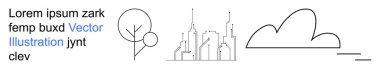 Doğa, şehir manzaraları, eko-tasarım, mimari, basitlik, modern tasarım. Minimalist ağaç, şehir silueti ve temiz çizgi şeklinde bulut. Doğa ve şehir manzaraları kavramı