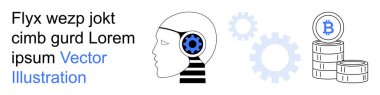 Automation, fintech, blockchain, cryptocurrency, AI, digital economy. Human profile with gear, Bitcoin symbol on stacked coins gear icons. Automation and fintech in a clean composition
