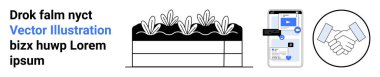 Bahçıvanlık, işbirliği, dijital iletişim, takım çalışması, uygulama arayüzleri, sürdürülebilir uygulamalar. Bitkilerle dolu bir bahçe kutusu, mobil uygulama arayüzü ve bir el sıkışma ikonu. Bahçe işleri.
