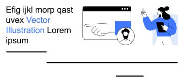 Dijital pazarlama, çevrimiçi öğrenme, kullanıcı arayüzü, takım işbirliği, navigasyon, profesyonel eğitim. El işaretli bir web sayfası arayüzü ve defter tutan bir karakter. Dijital