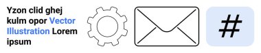 Black outlined gear, envelope, and pound sign aligned with placeholder text. Ideal for communication, technology, email, configuration, metadata tag trends, content creation or a simple landing page