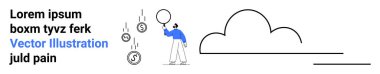 Person examining descending coins with a magnifying glass, beside a cloud outline. Ideal for finance, analysis, economy, savings, technology, data, simple landing page