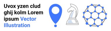 Business strategy, geolocation tech, decision-making, global network, connectivity, data organization. Blue geolocation icon, chess knight and node network in a white background. Business strategy