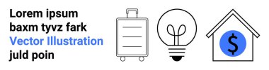 Finance, innovation, travel, energy, real estate, economy. Minimal luggage, light bulb house with dollar symbol icons. Finance and energy concept highlighted effectively