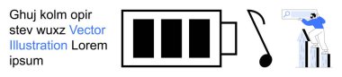 Enerji yönetimi, müzik yaratıcılığı, kurumsal büyüme, veri analizi, verimlilik, iş stratejisi. Siyah pil ikonu, nota ve büyüme tablosunu analiz eden kişi. Enerji yönetimi ve müzik