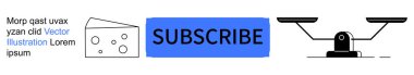 Pazarlama, reklam, abonelik, eşitlik, karar verme, gıda hiyerarşisi. Peynir ve ölçek sembollerinin yanında mavi üyelik düğmesi. Pazarlama ve reklam kavramları