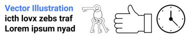 Security, decision-making, time management, approval systems, punctuality, and scheduling. Keys, thumbs-up symbol and clock in monochromatic design. Security and decision-making concepts