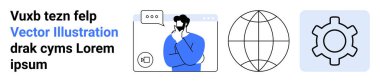 Male character in thought, globe symbol for global reach, cogwheel for settings. Ideal for innovation, networking, strategy, globalization, organization, development simple landing page