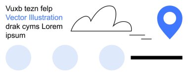 Navigation, cloud storage, minimalism, creative design, data organization, abstract layouts. Blue pin marker, cloud text elements and circles. Navigation and cloud storage visually