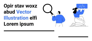 Teknoloji, eğitim, web geliştirme, veri analizi, çevrimiçi öğrenme, yazılım programlama. Çizgi film karakterleri büyüteç ve kodlama ekranını inceliyor. Web geliştirme ve veri