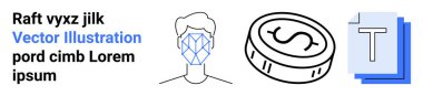 Data security, fintech, identity verification, AI technology, digital economy, document management. Stylized face, coin and digital document. Identity verification and fintech concept