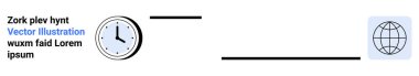 Time management, global connectivity, communication, web design, scheduling tools, international collaboration. A clock next to a globe icon and placeholder text. Time management and global