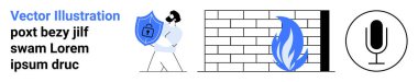 Cybersecurity, data protection, privacy, firewalls, secure connections, online communication. Person holding shield with lock, firewall blocking flame microphone icon. Cybersecurity and data