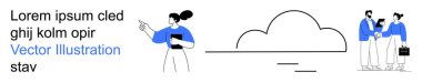 Business teamwork, cloud data, digital communication, modern workspace, online collaboration, file sharing. Professionals interacting beside a cloud graphic. Business teamwork and cloud data