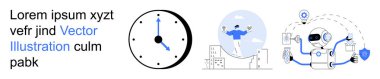Time management, AI technology, efficiency, work-life harmony, digital solutions, productivity. Clock symbol, balancing person robot and shield. Time management and AI technology focus