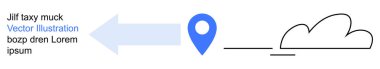 Navigation, location services, cloud storage, data transfer, travel, digital connectivity. Blue pin with arrow pointing left, abstract cloud symbol. Navigation and location services concept