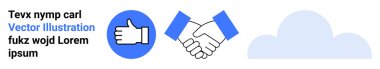 Teamwork, online communication, cloud storage, digital networking, partnerships, success. Graphic symbols include thumbs up, handshake and cloud. Teamwork and online communication