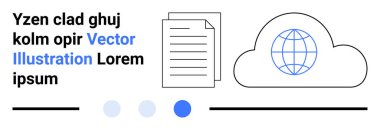 Document near a cloud icon featuring a globe, lines, and text placeholder. Ideal for digital storage, networking, document sharing, data transfer, online platforms, remote work simple landing page