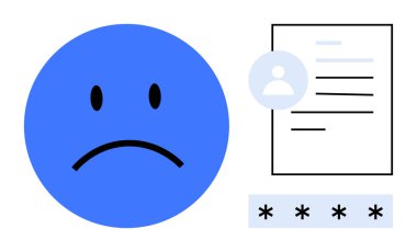 Veri sızıntısı, kimlik hırsızlığı, siber güvenlik riskleri, kişisel bilgi koruması, şifre güvenliği, online dolandırıcılık. Kullanıcı profili ve şifrenin yanında mavi üzgün surat. Veri ihlali ve kimlik hırsızlığı