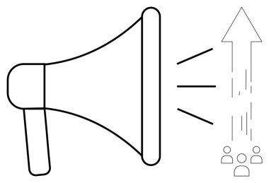 Pazarlama, iletişim, halkla ilişkiler, sosyal medya yardımı, marka farkındalığı, iş büyümesi. Ses dalgalarıyla megafon ikonu ve bir grup insanın yanında yukarı doğru ok. Pazarlama