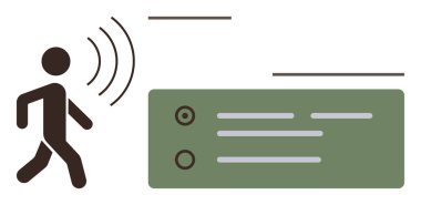 Hareket sensörünü etkinleştiren insan figürü uyarı paneline bağlı sinyaller yayıyor. Güvenlik, otomasyon, tespit, yenilik, akıllı ev, teknoloji ve güvenlik için ideal. Basit düz metafor