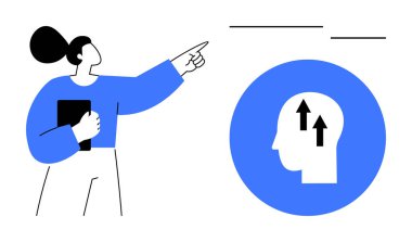 Büyüme ve ilerleme kavramı. Yukarıya doğru büyüyen ve ilerleyen oklarla baş sembolünü gösteren bir kadın. Kişisel gelişim, strateji, iş, hedef başarı, eğitim