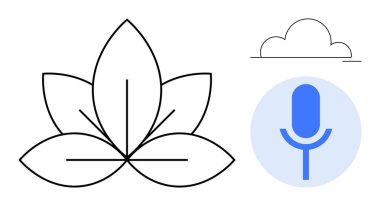 Refah tasarımı, iletişim teknolojisi, farkındalık uygulaması, içerik oluşturma, doğal bağlantı, denge. Minimalist nilüfer çiçeği, bulut ve mikrofon. Refah tasarımı ve iletişim