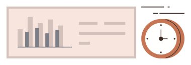 Analog saatin yanındaki dikdörtgen bir panelde veri çubuğu grafiği. Analiz, üretkenlik, zaman izleme, planlama, performans, iş stratejisi için ideal, basit düz metafor