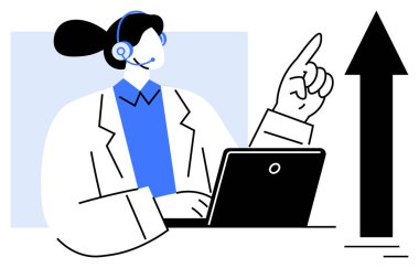 Müşteri hizmetleri, iş büyümesi, çevrimiçi destek, uzaktan çalışma, iletişim, trend. Kulaklığı ve dizüstü bilgisayarı olan bir profesyonel yukarı doğru giden bir oku işaret eder. Müşteri hizmetleri ve iş büyümesi