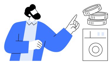 Finansal planlama, tasarruf, bütçe yönetimi, ev giderleri, çamaşır hizmetleri, ödeme konseptleri. Çamaşır makinesini ve bozuk para yığınını gösteren bir adam. Finansal planlama ve tasarruf