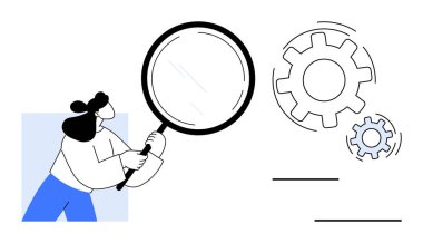 Business analysis, productivity, problem solving, innovation, optimization, engineering. Woman with magnifying glass looking at big gears. Analysis and productivity concept