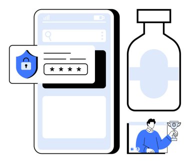 Şifre korumalı mobil giriş arayüzü, sağlık hizmetlerini sembolize eden tıbbi konteynır ve başarı ödülü taşıyan bir kişi. Siber güvenlik, sağlık, ödül ve teknoloji için ideal.
