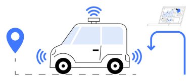 Özerk araçlar, yapay zeka ulaşımı, navigasyon sistemleri, veri analizi, akıllı hareketlilik, bağlantı ağı. GPS 'i, kablosuz sinyalleri ve analizi olan otomatik çalışan bir araba. Özerk araçlar ve AI