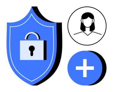 Cybersecurity concept. Cybersecurity illustrated with shield and lock symbol, user profile icon, and plus sign. Cybersecurity for identity management, data security, and user protection